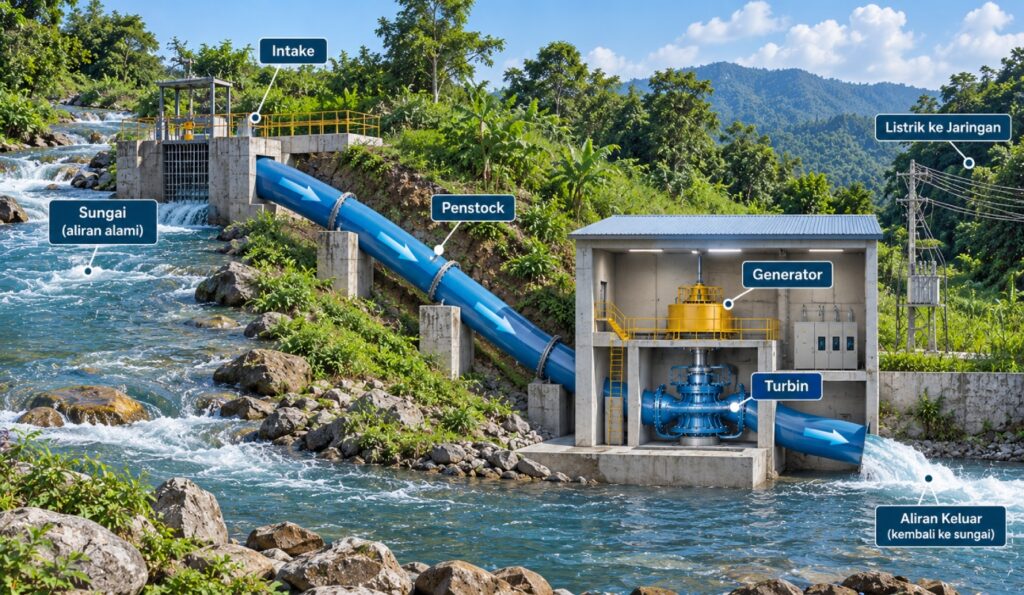 Pembangkit Listrik Tenaga Air dengan Aliran Sungai atau Microhydro